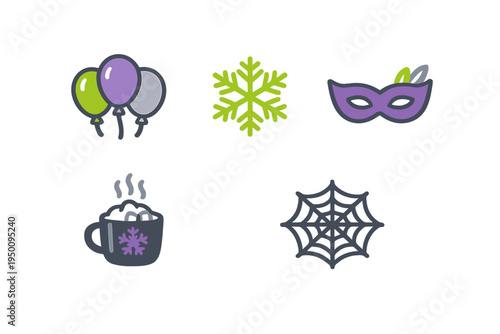 A collection of five stylized icons featuring balloons, a snowflake
