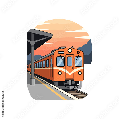 Orange Train at the Station with Sunset vector illustration