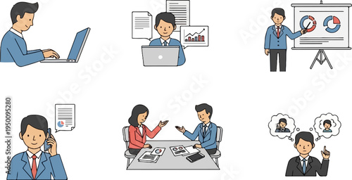 Business professionals in various work-related scenarios