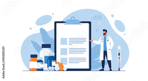 Medical consultation and prescription service showing a doctor with a large clipboard surrounded by various medicine bottles.