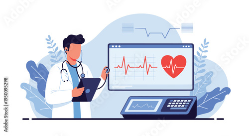 Healthcare and cardiology concept with a professional doctor using a digital tablet to monitor a patients heart rate monitor.