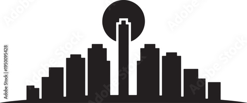 Minimalist urban buildings silhouette with circular moon behind central skyscraper illustration