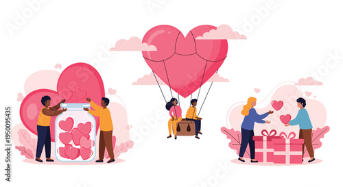 Love and kindness concept with people sharing hearts, riding a heart balloon, and giving gifts for valentines day.