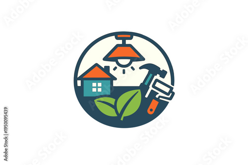 A circular vector illustration featuring a house, a hanging lamp, a