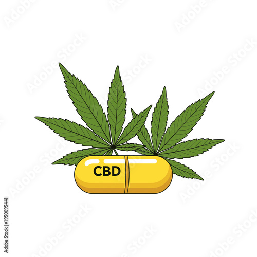 CBD Capsule with Cannabis Leaves Isolated vector illustration