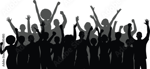 Silhouette of a jubilant crowd with raised arms and fists in a mix of black and grey tones signifying triumph and unity