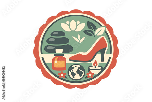 A circular vintage-style emblem featuring lifestyle icons including a