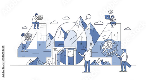 Creative 404 error page concept with explorers searching through mountains and maps on top of large numbers.
