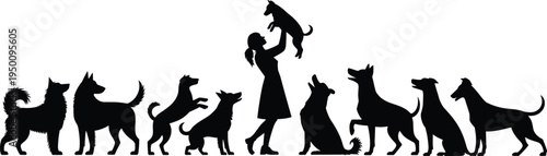 Silhouette of a woman holding a dog aloft, with a pack of other dogs in different stances, illustrating a joyful and energetic pet interaction