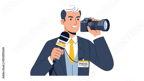 Media in Action: A journalist, camera and microphone in hand, captures a significant moment of storytelling, ready to deliver the news with accuracy and precision.