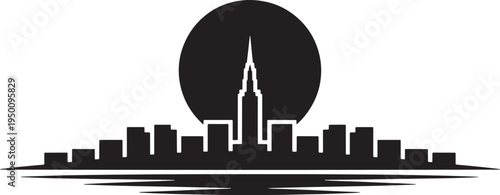 Waterfront city skyline silhouette with reflection and tall spire against large sun background