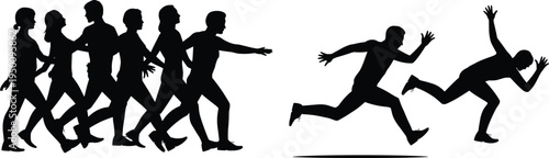 Silhouettes of a walking procession and two runners in mid-stride against a white background with a subtle ground line