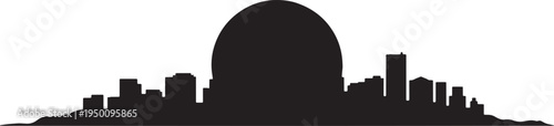 Urban skyline silhouette with full moon city building vector cityscape design black
