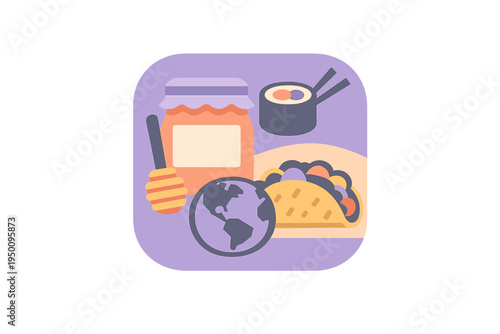 This flat design vector icon set showcases a honey jar, sushi roll