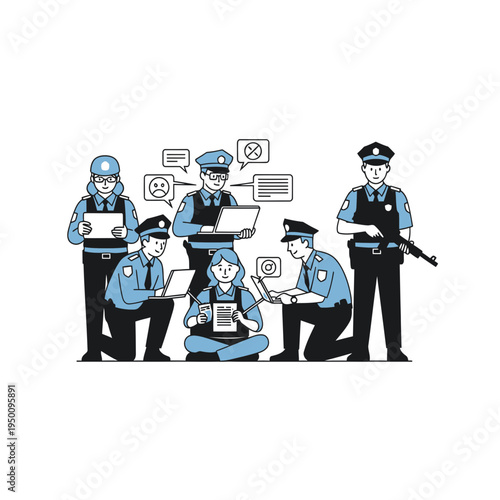 Group of Police Officers Using Digital Devices vector illustration