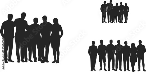 Silhouettes of diverse groups of adults in casual and semi-formal attire standing together in various formations against a white background