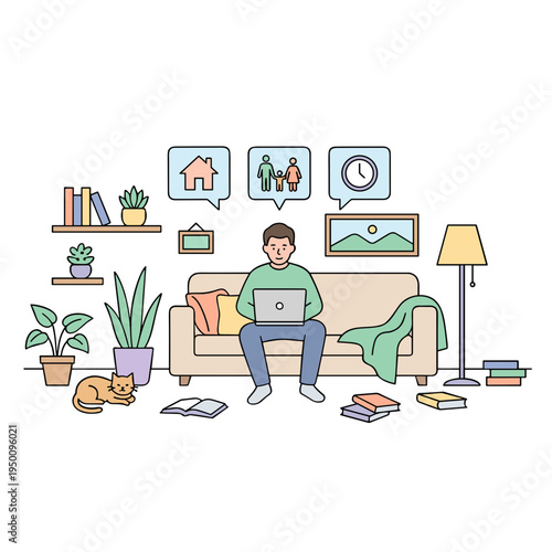 Man sitting on couch with laptop surrounded by plants and books at home