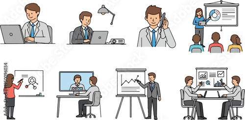 Diverse business professionals engage in meetings, presentations, and solo work