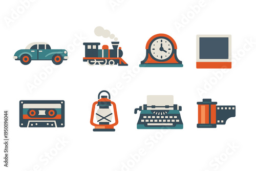 A set of eight retro objects featuring a classic car, steam