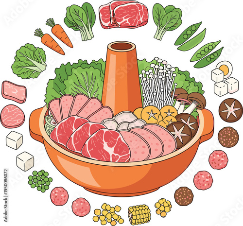 Hot pot ingredients bowl with sliced meat vegetables mushrooms and tofu Asian cuisine flat vector illustration
