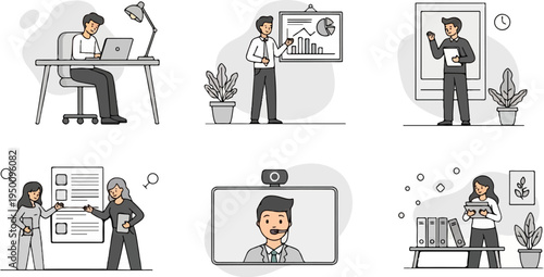 Diverse business scenarios depicted in simple, modern, monochrome illustrations