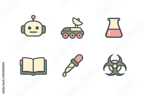 A collection of six science and technology icons featuring a robot