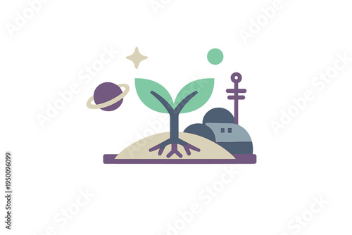 Minimalist vector art showing a small plant sprout on a planetary