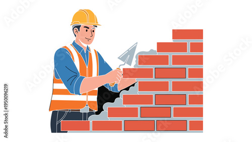 Bricklayer at Work: A skilled bricklayer meticulously constructs a red brick wall, demonstrating precision and expertise in the building trade.