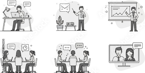 Diverse business scenarios remote work, presentation, meetings, and video calls