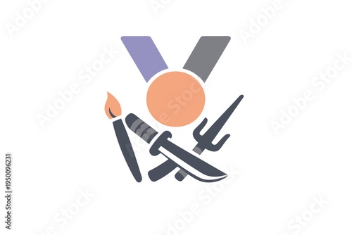 A minimalist graphic design showing a medal-like emblem with a purple