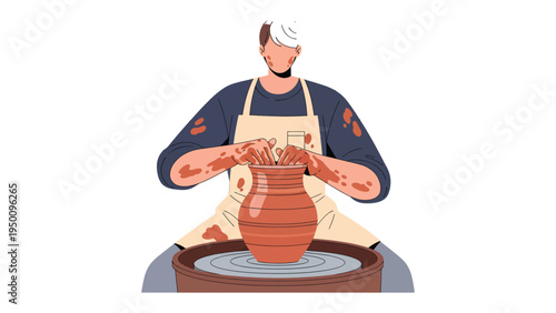 Master Craftsman: A skilled artisan, absorbed in the intricate art of pottery, molds wet clay on a spinning wheel, crafting a vessel of beauty. Capturing the essence of creativity and craftsmanship.