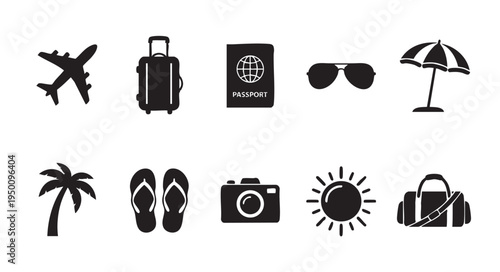 A collection of black silhouette icons represents travel and vacation items including an airplane, luggage, passport, sunglasses, umbrella, palm tree, flip flops, camera, sun, and duffel bag on white.