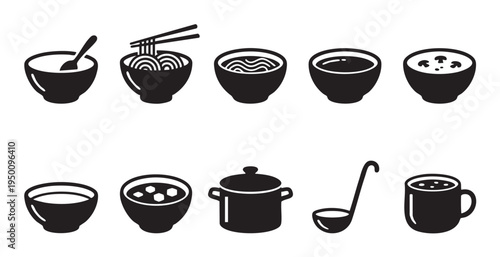 A clean, graphic collection of black silhouette icons showcasing various bowls of soup, noodles, and a pot, perfect for food menus and culinary themes.