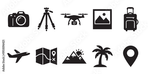 A clean, modern collection of black silhouette icons representing travel, photography, and adventure, perfect for digital and print design projects.