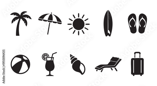 A collection of flat black icons representing summer vacation and beach activities including a palm tree, sun, surfboard, and cocktail.