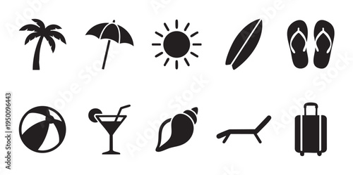 A black and white graphic collection of simplified icons representing various elements of a beach vacation, including a palm tree, umbrella, sun, surfboard, and flip-flops.