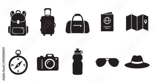 A clean, flat design collection of black silhouette icons representing various travel and adventure essentials, perfect for web or print.