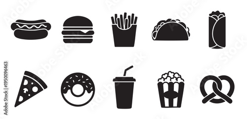 A clean, black and white graphic collection of popular fast food items arranged in two rows against a plain white background.