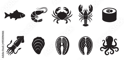 A clean and modern set of black seafood icons on a white background, featuring fish, shrimp, crab, lobster, sushi, squid, oyster, and octopus, perfect for culinary designs.