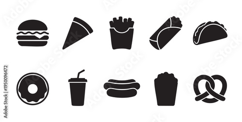 A graphic design features a collection of black silhouette icons representing various fast food items, including a burger, pizza, fries, burrito, taco, donut, drink, hot dog, popcorn, and pretzel.