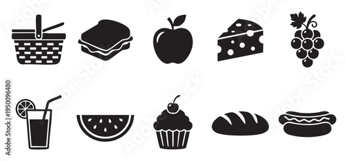 A collection of black silhouette icons representing common picnic food items and drinks on a white background, perfect for design projects.