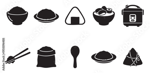 A collection of black and white silhouette icons representing various rice-based foods and cooking items, including bowls of rice, onigiri, sushi, a rice cooker, chopsticks, and zongzi.