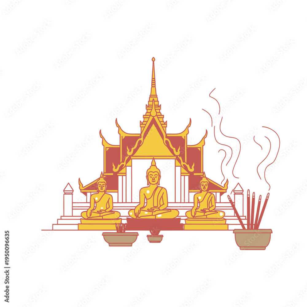 Obraz premium Buddhist Temple with Buddha Statues and Incense vector illustration