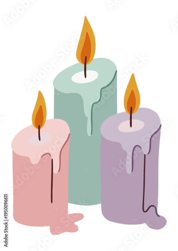 Burning candles set in pastel colors (pink, mint, lavender)
