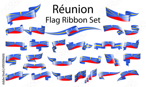 Réunion Island Flag Background with Blue Red Yellow Ribbon and Tropical Landmarks