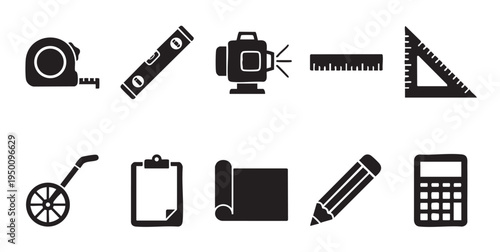 A collection of black silhouette icons representing various construction and measuring tools on a white background, perfect for design and development projects.