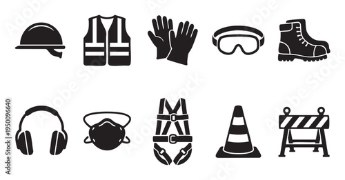 A collection of black silhouette icons representing essential construction safety equipment, including a hard hat, vest, gloves, goggles, boots, headphones, mask, harness, cone, and barrier.