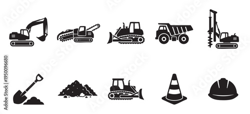 A collection of black silhouette icons representing various construction machines, tools, and safety gear, perfect for graphic design and informational purposes.