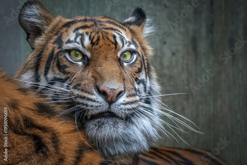 Sumatran tiger face close up portrait showing intense gaze and power in dark setting