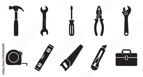 A clean and simple collection of black silhouette icons featuring various hardware tools, perfect for construction, DIY, or repair-related projects and designs.